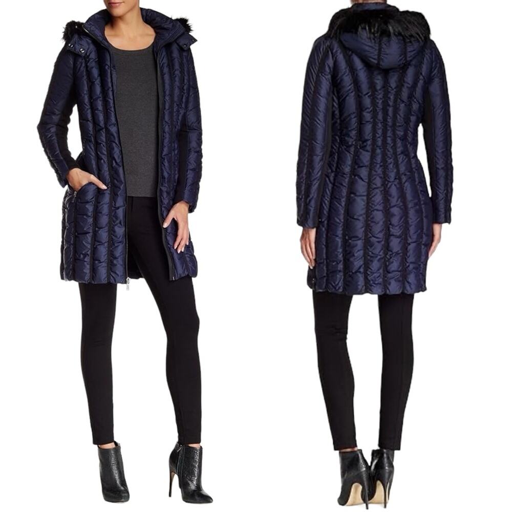 ZAC Zac Posen Carla Down Fur-Trim Puffer Coat in Midnight Blue US Size L